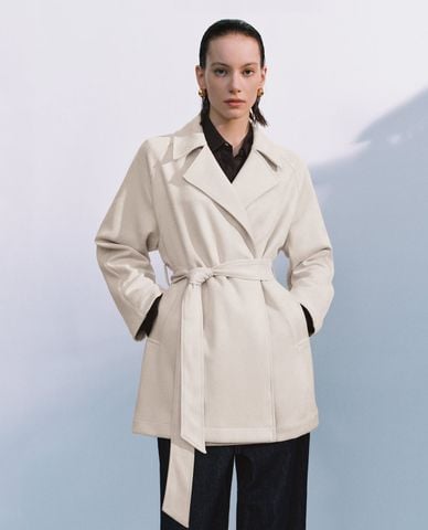  URBAN REVIVO - Áo khoác măng tô nữ dáng ngắn thắt eo 