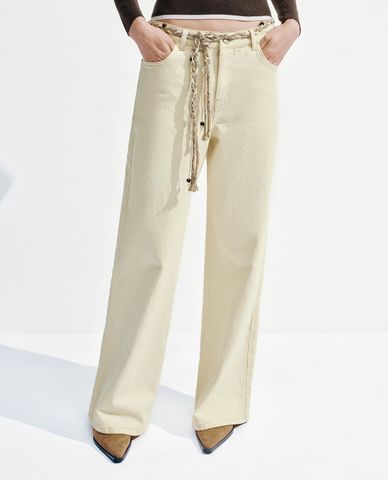  URBAN REVIVO - Quần jeans nữ ống rộng phối dây thắt 