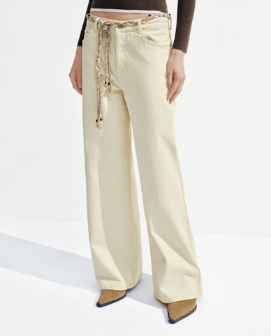  URBAN REVIVO - Quần jeans nữ ống rộng phối dây thắt 