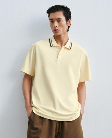  URBAN REVIVO - Áo polo nam cổ bẻ tay ngắn viền sọc 