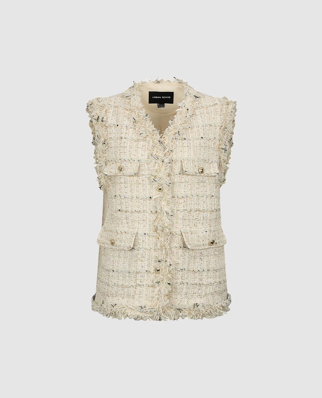 URBAN REVIVO - Áo khoác tweed nữ sát nách phối tua rua