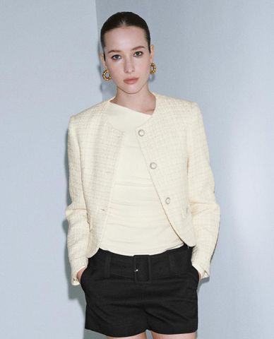  URBAN REVIVO - Áo khoác tweed nữ tay dài phom croptop 