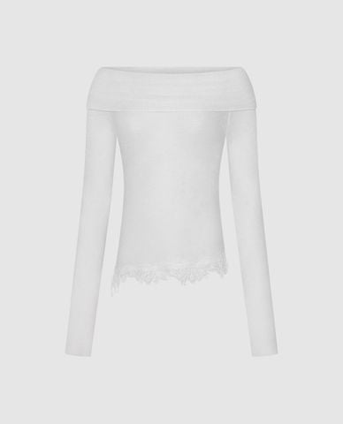  URBAN REVIVO - Áo dệt kim nữ trễ vai tay dài phối ren 