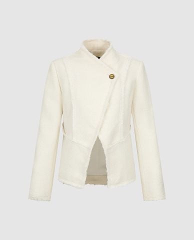 URBAN REVIVO - Áo khoác tweed nữ tay dài viền tua rua 