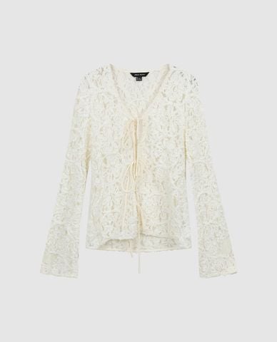  URBAN REVIVO - Áo kiểu nữ cổ V tay dài buộc dây 