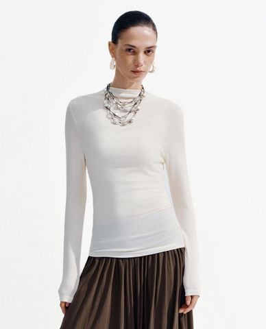  URBAN REVIVO - Áo kiểu nữ cổ cao tay dài phom ôm 