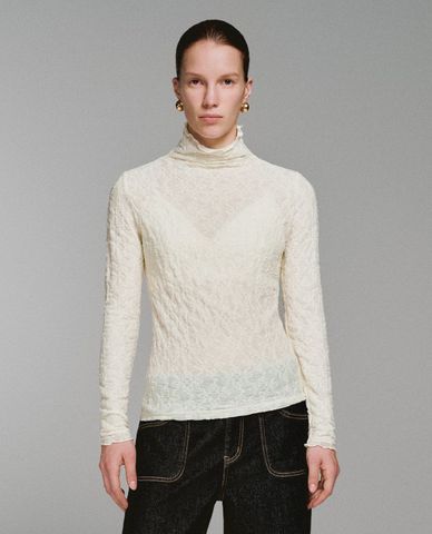  URBAN REVIVO - Áo dệt kim nữ cổ lọ tay dài phối ren 