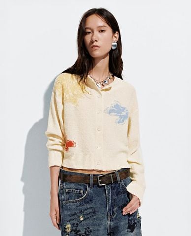  URBAN REVIVO - Áo khoác cardigan nữ cổ tròn phối họa tiết 