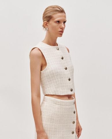  URBAN REVIVO - Áo khoác tweed nữ sát nách phom croptop 