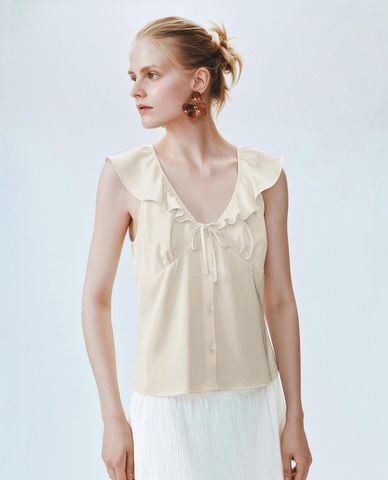  URBAN REVIVO - Áo sát nách nữ cổ V phối bèo buộc nơ 