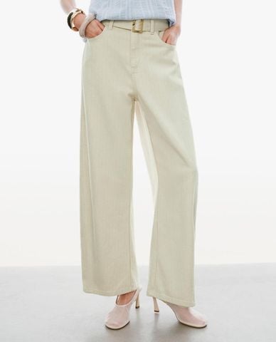  URBAN REVIVO - Quần jeans nữ ống rộng kẻ sọc phối thắt lưng 