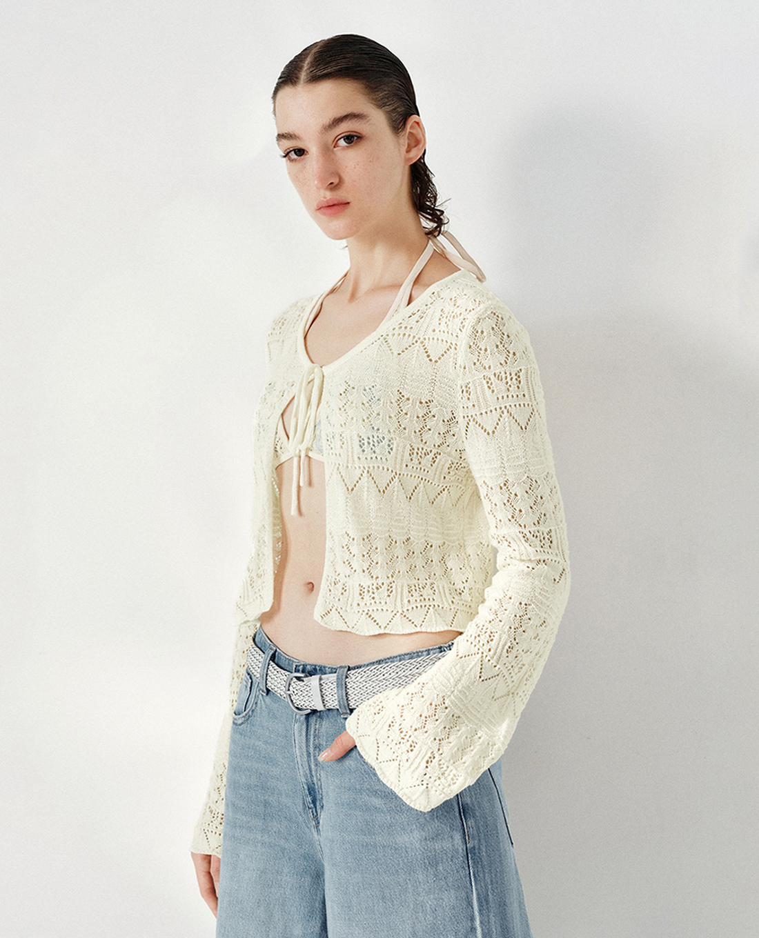 URBAN REVIVO - Áo khoác cardigan nữ đan móc thắt nơ