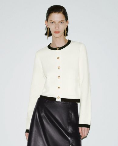  URBAN REVIVO - Áo khoác cardigan nữ cổ tròn phối viền 