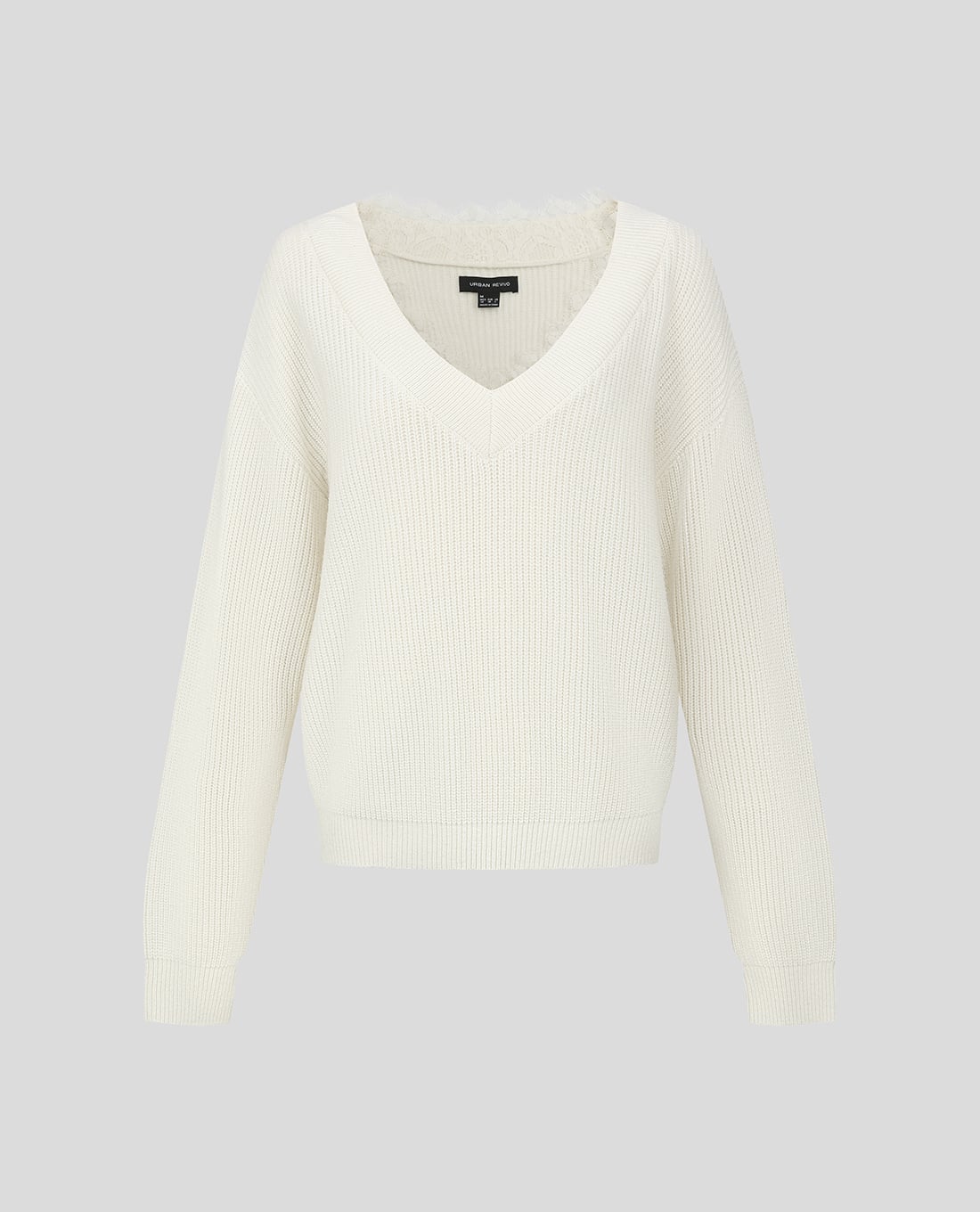 URBAN REVIVO - Áo dệt kim nữ cổ V tay dài phối ren