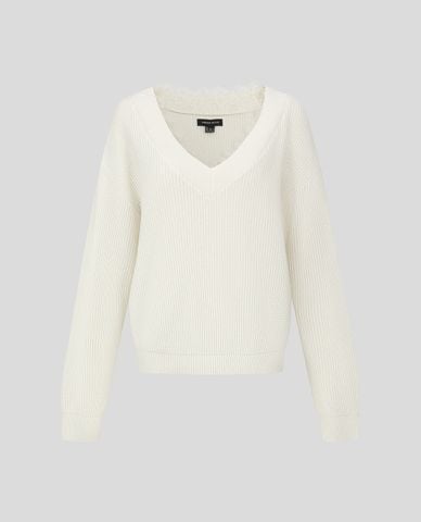  URBAN REVIVO - Áo dệt kim nữ cổ V tay dài phối ren 