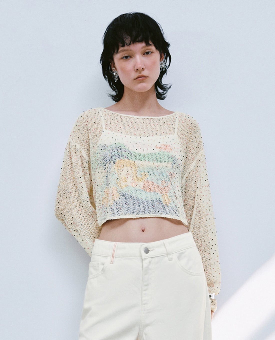 URBAN REVIVO - Áo dệt kim nữ tay dài xuyên thấu đính cườm