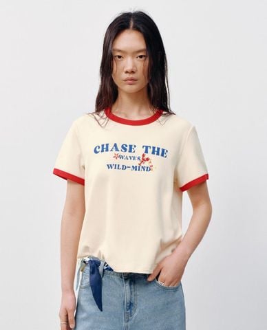  URBAN REVIVO - Áo thun nữ cổ tròn tay ngắn phối viền 