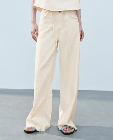  URBAN REVIVO - Quần jeans nữ ống rộng phối dây rút 