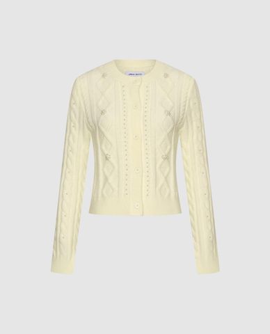  URBAN REVIVO - Áo khoác cardigan nữ cổ tròn đính ngọc trai 