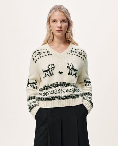  URBAN REVIVO - Áo dệt kim nữ cổ V tay dài dệt họa tiết 