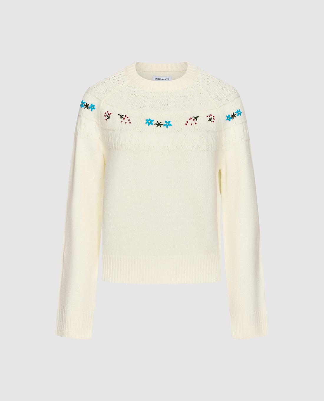 URBAN REVIVO - Áo dệt kim nữ cổ tròn tay dài thêu hoa