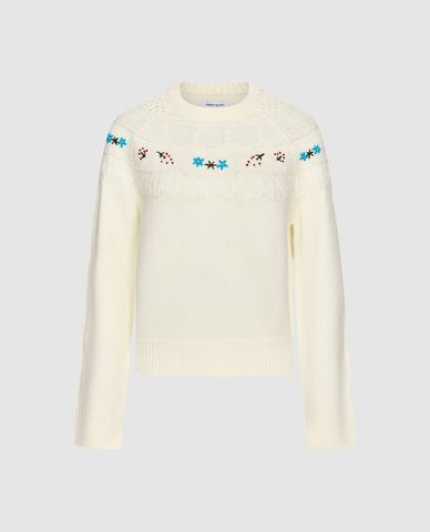  URBAN REVIVO - Áo dệt kim nữ cổ tròn tay dài thêu hoa 