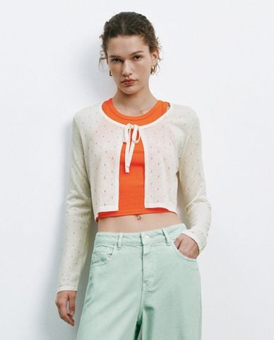  URBAN REVIVO - Áo khoác cardigan nữ tay dài buộc nơ 