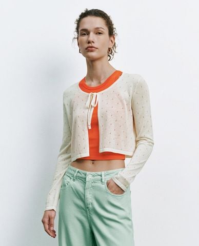  URBAN REVIVO - Áo khoác cardigan nữ tay dài buộc nơ 