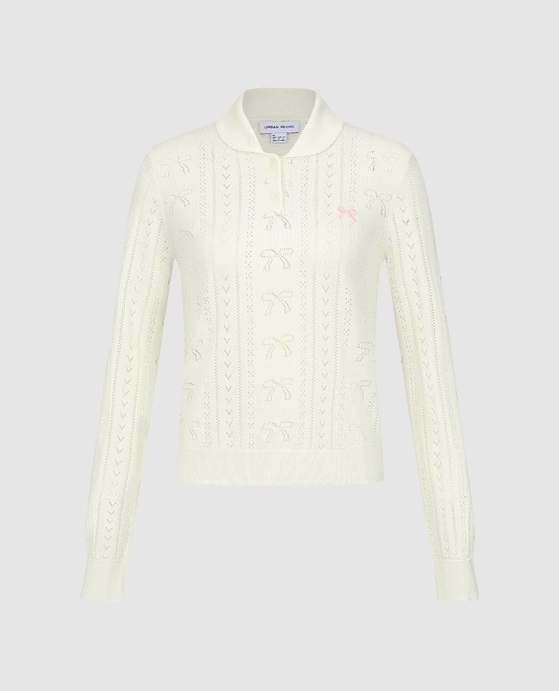 URBAN REVIVO - Áo dệt kim nữ cổ bẻ tay dài phối nơ