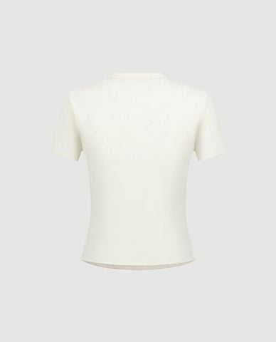  URBAN REVIVO - Áo thun nữ cổ tròn tay ngắn in họa tiết 