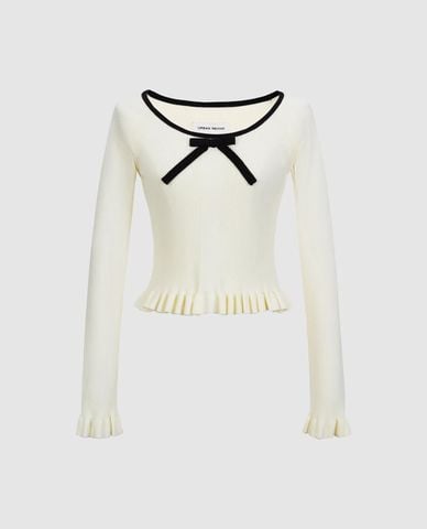  URBAN REVIVO - Áo dệt kim nữ cổ tròn tay dài phối nơ 