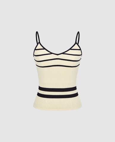  URBAN REVIVO - Áo hai dây nữ dệt kim cổ V kẻ sọc 