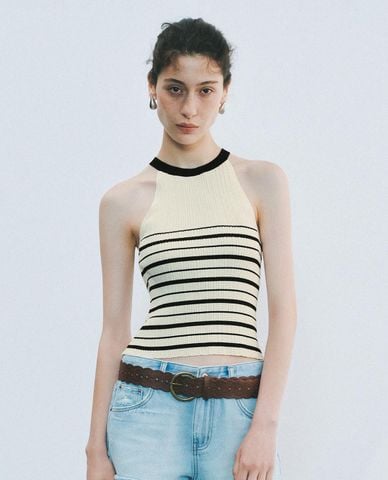  URBAN REVIVO - Áo dệt kim nữ cổ yếm phối sọc 