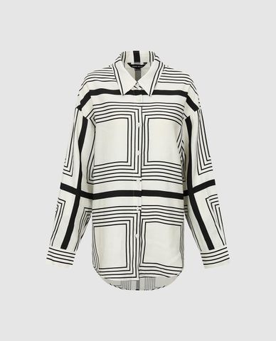  URBAN REVIVO - Áo sơ mi nữ cổ bẻ tay dài họa tiết kẻ vuông 