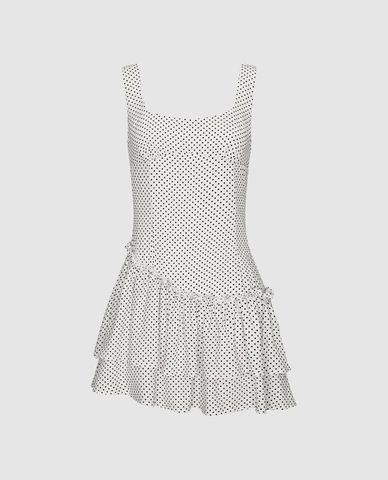  URBAN REVIVO - Đầm sát nách mini chấm bi xếp tầng 