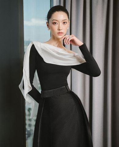  LARMES - Áo kiểu nữ cổ đổ tay dài phối voan Flow 