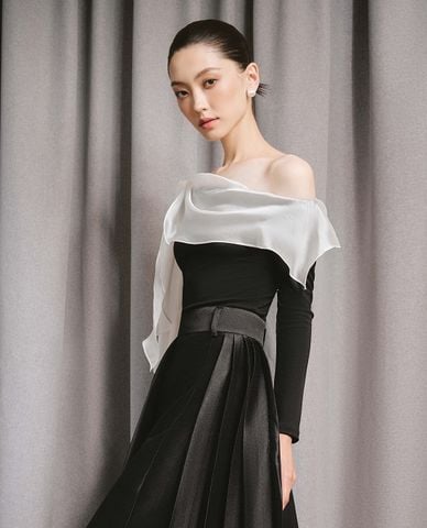  LARMES - Áo kiểu nữ cổ đổ tay dài phối voan Flow 