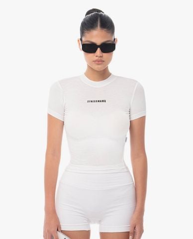  STRESSMAMA - Áo thun nữ cổ tròn tay ngắn phom ôm in logo 