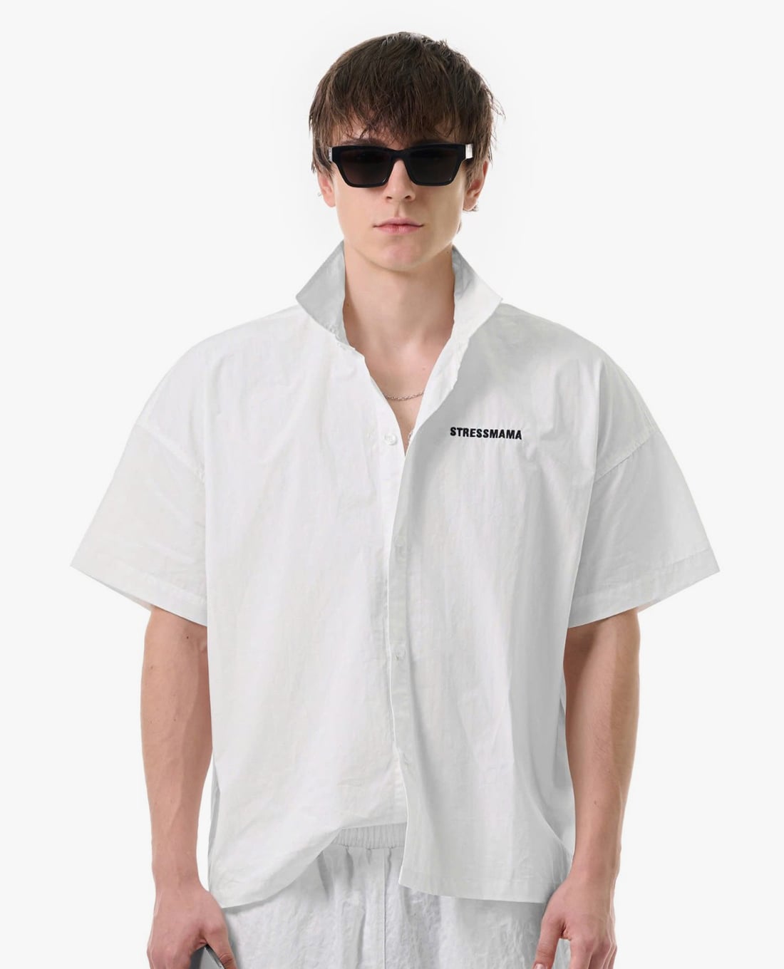 STRESSMAMA - Áo sơ mi unisex cổ bẻ tay ngắn thêu logo