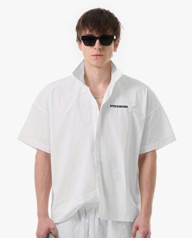  STRESSMAMA - Áo sơ mi unisex cổ bẻ tay ngắn thêu logo 