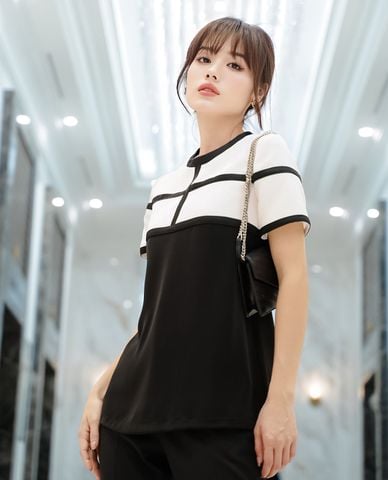  LARMES - Áo kiểu nữ cổ tròn tay ngắn phối màu Blair 