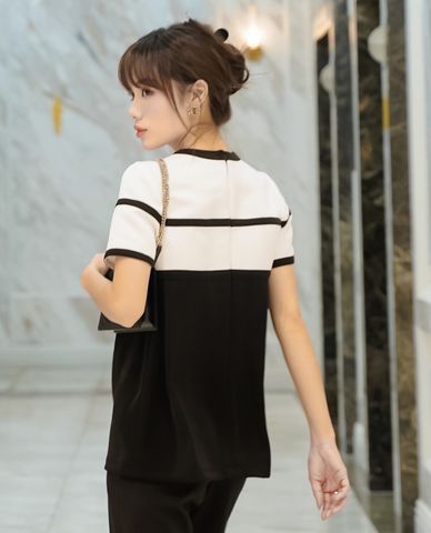  LARMES - Áo kiểu nữ cổ tròn tay ngắn phối màu Blair 