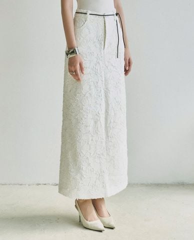  DEZUS - Chân váy denim midi phối ren White Flower 