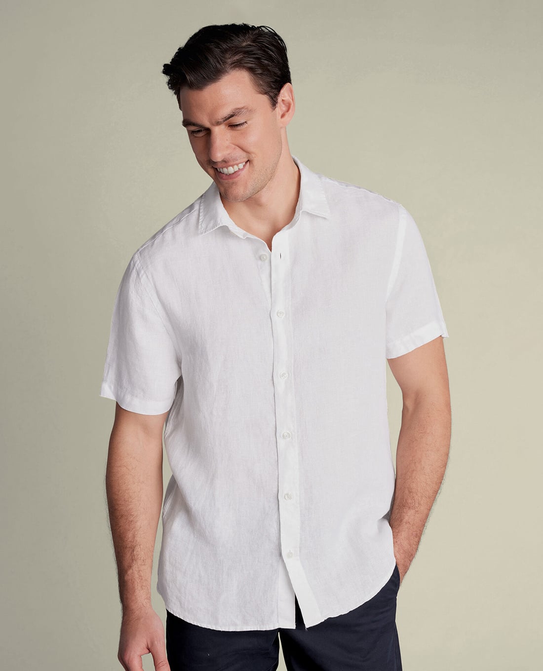 CHARLES TYRWHITT - Áo sơ mi nam cổ bẻ tay ngắn Pure Linen