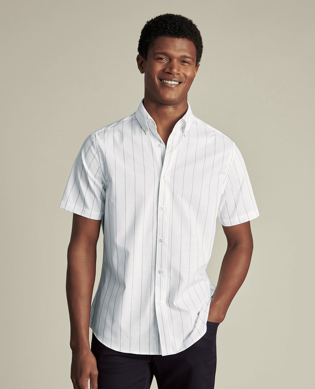 CHARLES TYRWHITT - Áo sơ mi nam cổ bẻ tay ngắn Poplin Slub