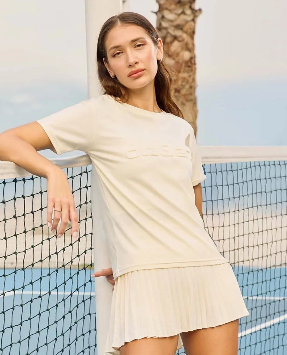 OLABEN - Áo thun nữ cổ tròn tay ngắn in logo nổi