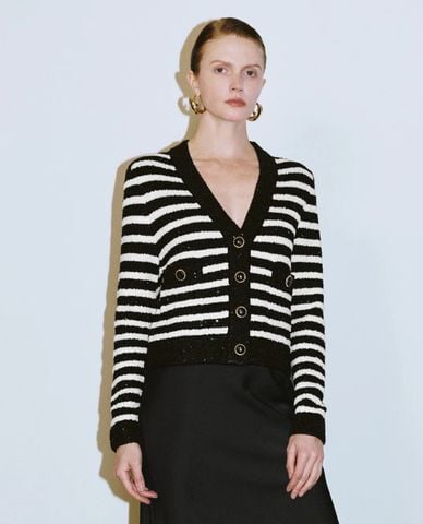  URBAN REVIVO - Áo khoác cardigan nữ cổ V kẻ sọc 