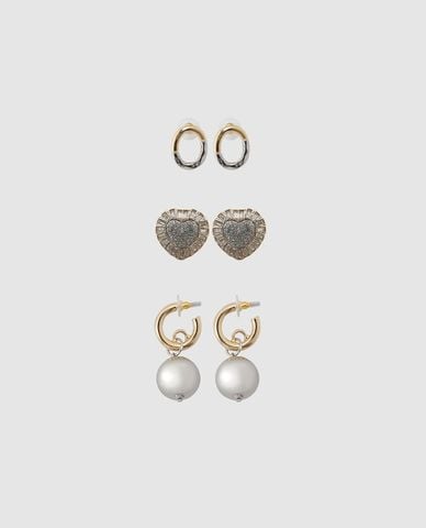  URBAN REVIVO - Set 3 khuyên tai nữ phối trái tim và ngọc trai 