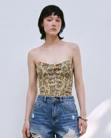  URBAN REVIVO - Áo kiểu nữ cúp ngực dây rút họa tiết hoa 