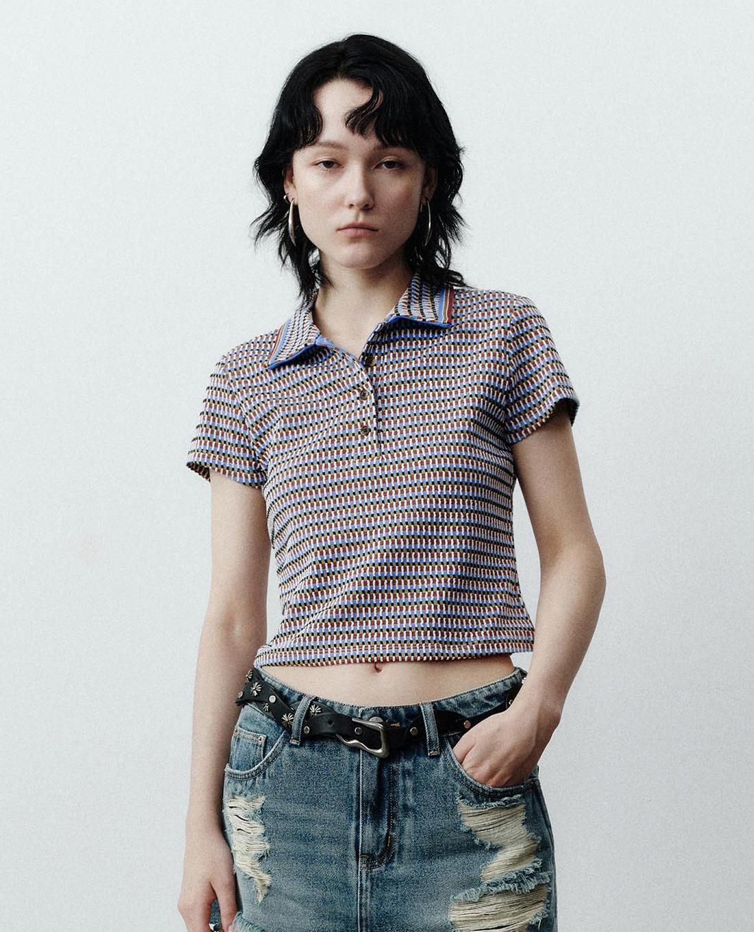 URBAN REVIVO - Áo polo nữ tay ngắn phom croptop